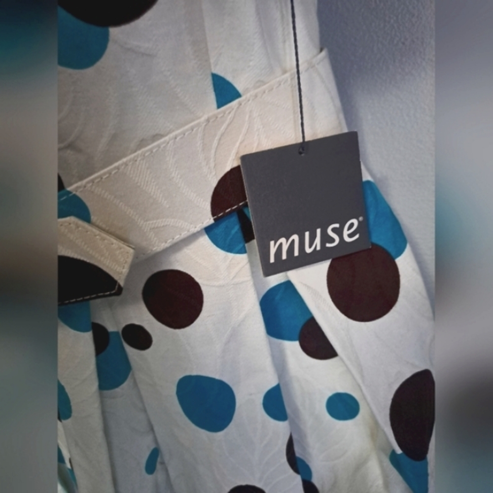 Muse White Dress Turquoise Brown Polka Dots Matching Belt Size 6 - Picture 4 of 8